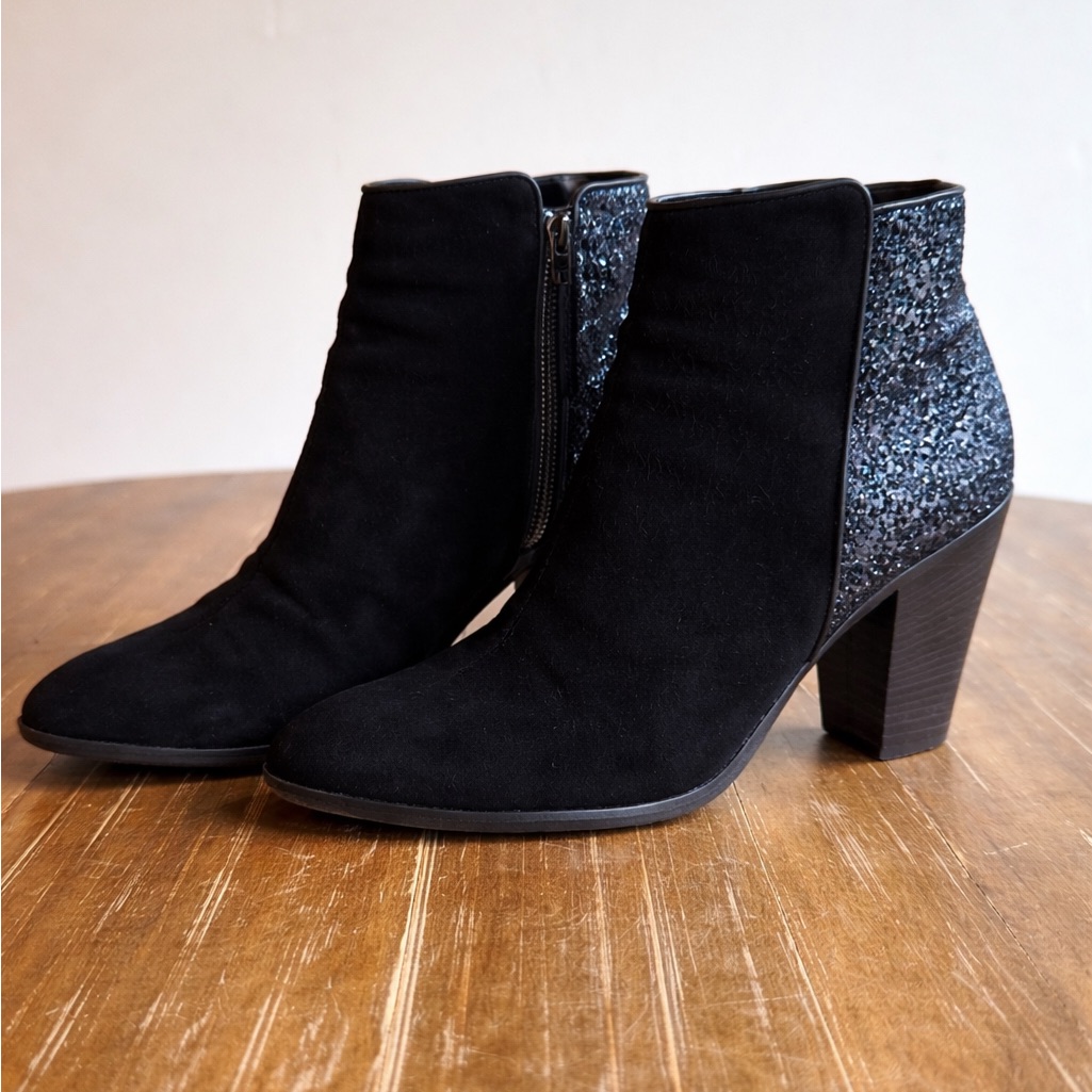 Barneys New York Black Suede Ankle Boots Blue/Black Glitter Heel Eu 40 Us 9.5